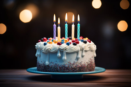 illustration of a birthday cake with candles. Created with Generative AIの素材