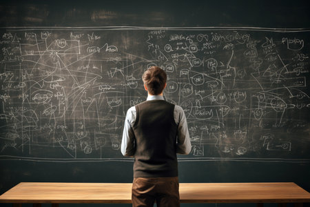 illustration of a teacher in front of blackboard. Created with Generative AIの素材