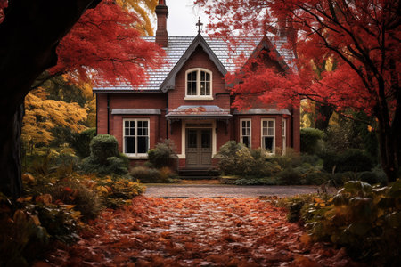 illustration of old house in autumn. Created with Generative AIの素材