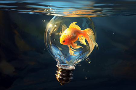 Illustration of a fish swimming inside a light bulb. Created with Generative AIの素材