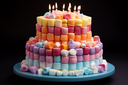 illustration of a cake made from colorful marshmallows. Created with Generative AIの素材