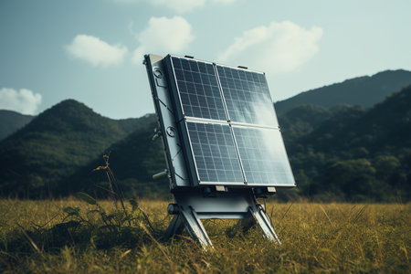 illustration of solar panels on the field. Created with Generative AIの素材