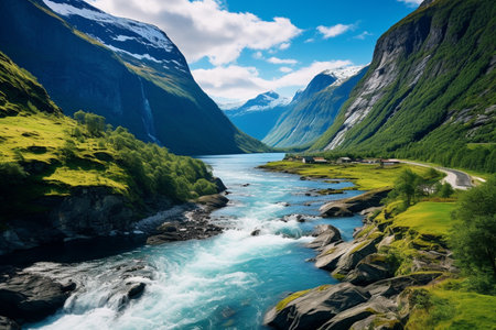 illustration of a landscape with lake and mountains. Created with Generative AIの素材