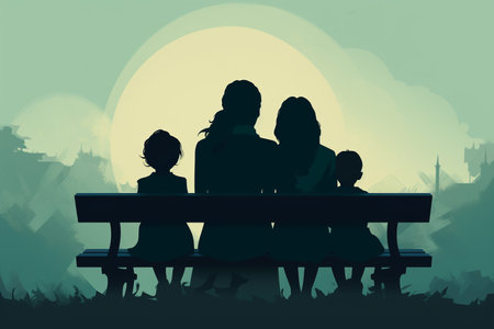 Illustration of silhouettes of a mother with children sitting on a bench at sunset. Created with Generative AIの素材