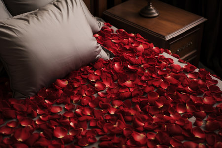 illustration of red rose petals on the bed. Created with Generative AIの素材