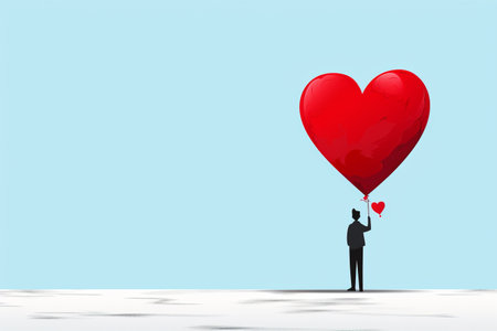 illustration of a child with a balloon in the shape of a big red heart. Created with Generative AIの素材