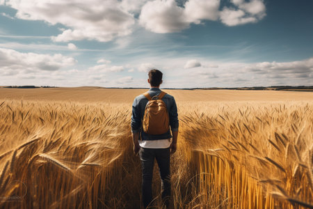 illustration of man with bag in the field. concept of travel and freedom. Created with Generative AIの素材
