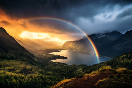 illustration of rainbow over the mountains. Created with Generative AIの素材