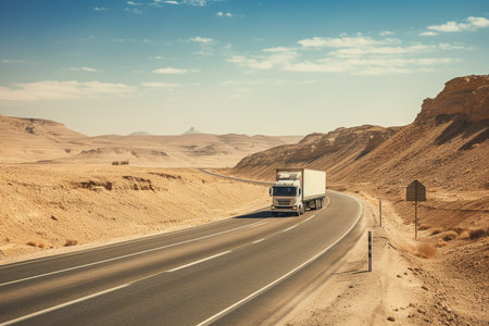 illustration of truck on the road in desert. Created with Generative AIの素材