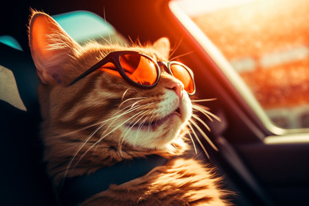 portrait illustration of a cat with sunglasses in car. Created with Generative AIの素材