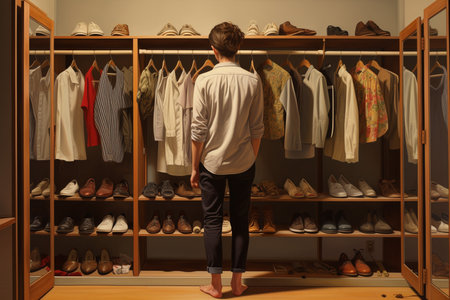 illustration of a young woman standing in front of a closet with clothes and shoes. Created with Generative AIの素材