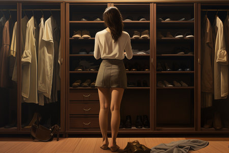 illustration of a young woman standing in front of a closet with clothes and shoes. Created with Generative AIの素材