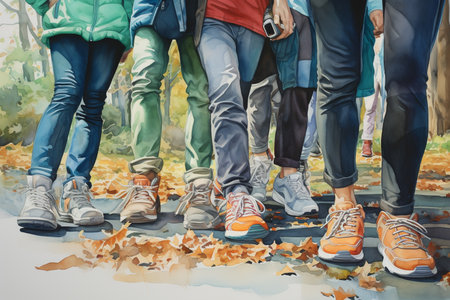group of people walking in park. focus on shoes. Created with Generative AIの素材
