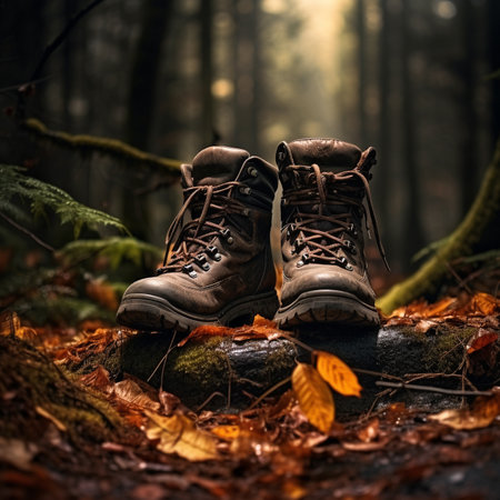 illustration of a hiking boots in autumn forest. Created with Generative AIの素材