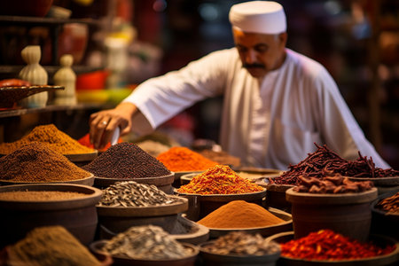 illustration of cups with spices spices in the market. Created with Generative AIの素材