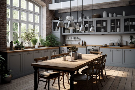 illustration of a modern kitchen interior. Created with Generative AIの素材