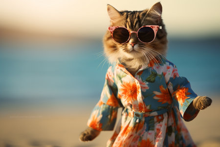illustration of a cat with sunglasses on the beach. Created with Generative AIの素材