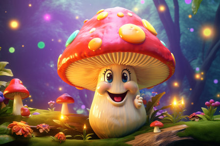 Illustration of a smiling fly agaric mushroom in a magical forest. Created with Generative AIの素材