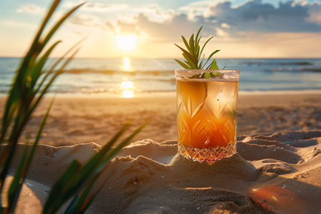 illustration of a cocktail on the beach. Created with Generative AIの素材