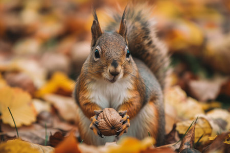 : Illustration of a squirrel eating nut in the park. Created with Generative AIの素材