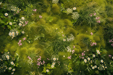 illustration of the flowers in the grass. top view on meadow. Created with Generative AIの素材