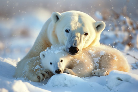 Illustration of polar bears family in the snow. Created with Generative AIの素材