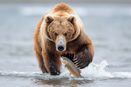 illustration of a brown bear in wild nature. Created with Generative AIの素材