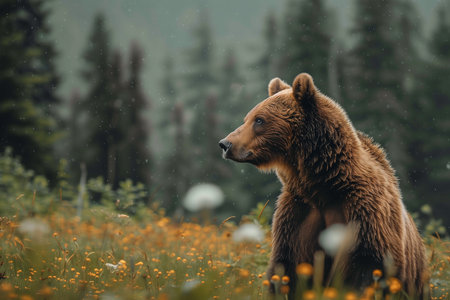 illustration of a brown bear in wild nature. Created with Generative AIの素材