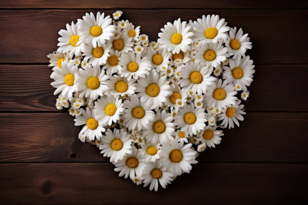Heart of daisies on wooden background. Top view. Copyspace.の素材