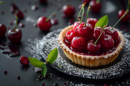 Cherry tart with powdered sugar and fresh cherries on black backgroundの素材