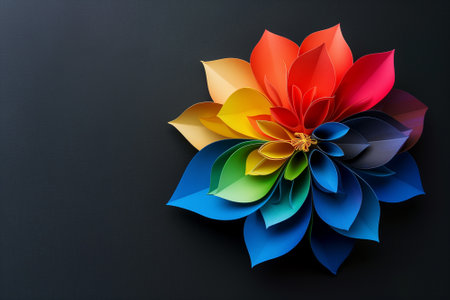 Colorful origami flowers isolated on black background. Top view.の素材