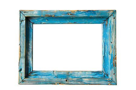 Old blue wooden picture frame isolated on white backgroundの素材