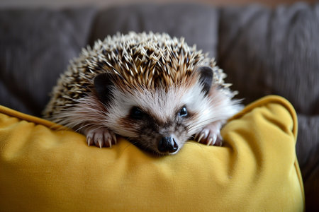 Hedgehog on a yellow pillow. Hedgehog on the couch.の素材