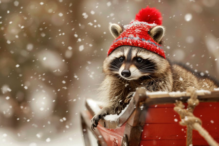 Raccoon in a sleigh with a red hat on a snowy dayの素材