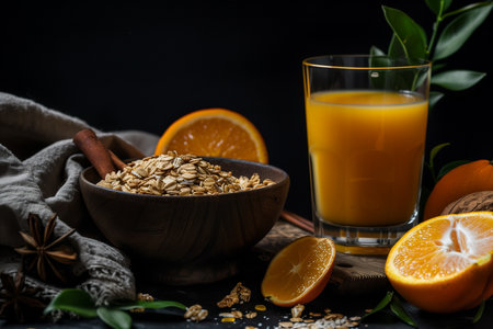 Healthy breakfast with oat flakes and fresh orange juice on black backgroundの素材