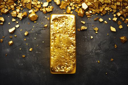 Gold bar on black background. Gold ingot. Top view.の素材