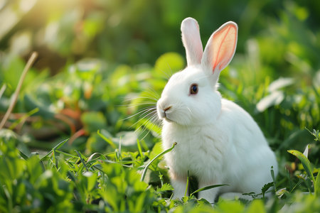 Cute white rabbit sitting on green grass in the garden. Easter concept.の素材
