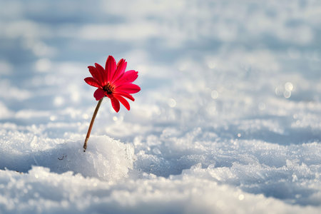 Red flower in the snow on a background of the blue sky.の素材