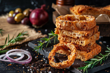 Slices of baguette with sesame, onion and rosemary on a dark background.の素材