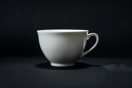 White cup of coffee on black background with copy space for text.の素材