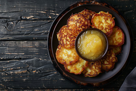 Potato pancakes with honey on a dark wooden background. Top viewの素材