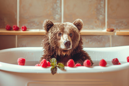 Cute brown bear taking a bath with raspberries and mintの素材