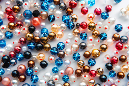 Multicolored beads on a white background. Close up.の素材