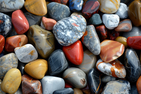 Multicolored stones of different sizes and shapes on the beach.の素材