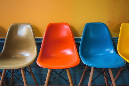Colorful plastic chairs in a row with orange wall background, stock photoの素材