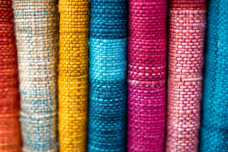 Colorful woven fabrics for sale at a market stallの素材