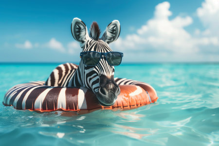 zebra in sunglasses floating on inflatable ring in the seaの素材