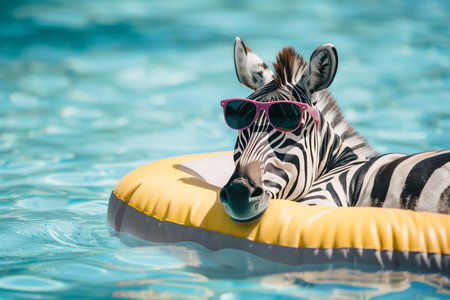 Zebra in swimming pool with sunglasses. Selective focus on animalsの素材
