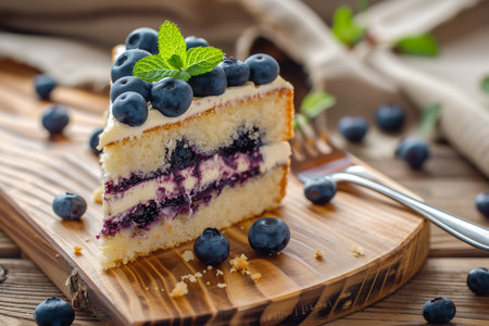 Blueberry cheesecake with fresh blueberries on a wooden board.の素材
