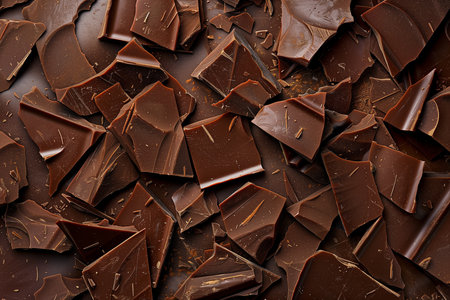close up of chocolate pieces in a pile on a wooden table backgroundの素材